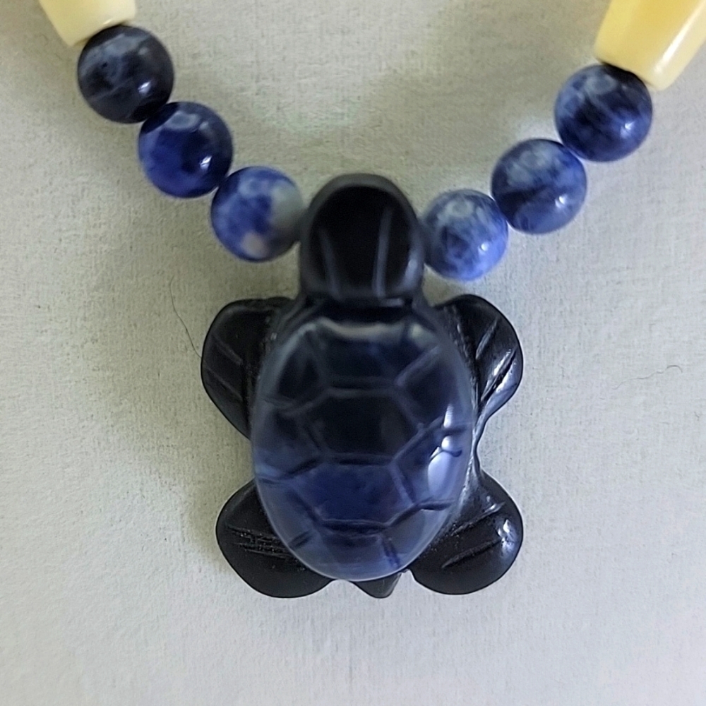 🐢 Elegant 18" Sodalite Bone Lapis and Onyx Beaded Sea Turtle Gemstone Necklace